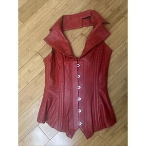 HourGlass Corsetry Red Leather Halter Style -Gothic Rocker Chic Heavy Sz M